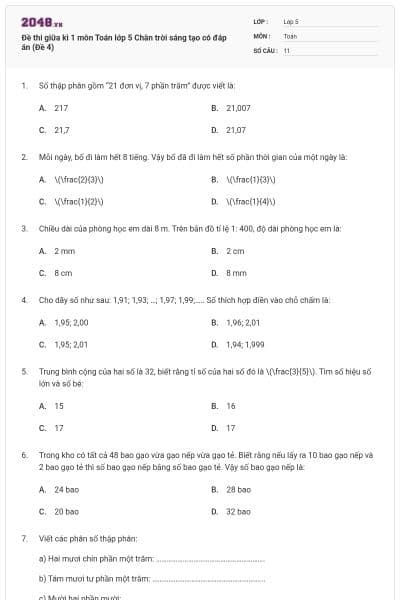 Đề thi giữa kì 1 môn Toán lớp 5 Chân trời sáng tạo có đáp án (Đề 4)