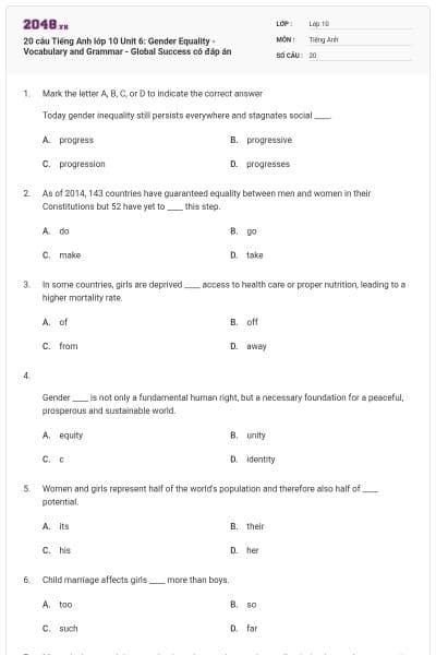 20 câu Tiếng Anh lớp 10 Unit 6: Gender Equality - Vocabulary and Grammar - Global Success có đáp án