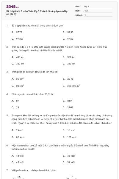 Đề thi giữa kì 1 môn Toán lớp 5 Chân trời sáng tạo có đáp án (Đề 5)