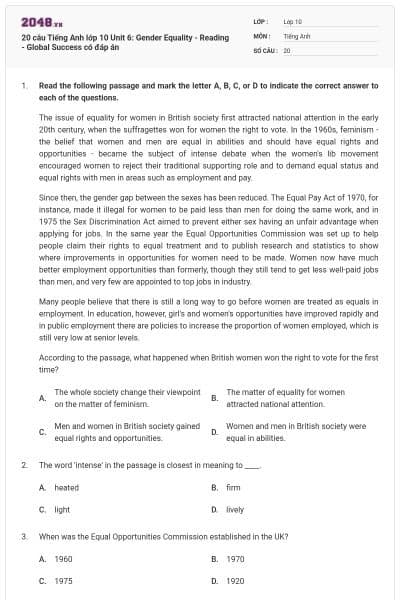 20 câu Tiếng Anh lớp 10 Unit 6: Gender Equality - Reading - Global Success có đáp án