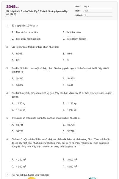 Đề thi giữa kì 1 môn Toán lớp 5 Chân trời sáng tạo có đáp án (Đề 6)