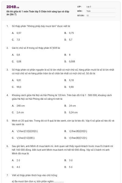 Đề thi giữa kì 1 môn Toán lớp 5 Chân trời sáng tạo có đáp án (Đề 7)