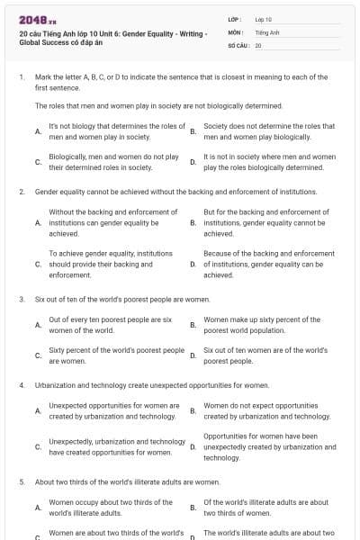 20 câu Tiếng Anh lớp 10 Unit 6: Gender Equality - Writing - Global Success có đáp án