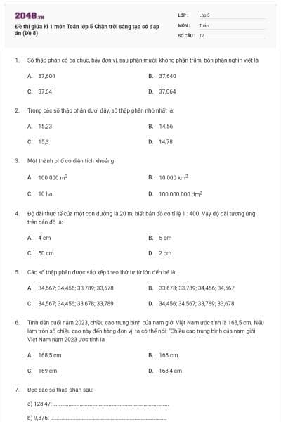 Đề thi giữa kì 1 môn Toán lớp 5 Chân trời sáng tạo có đáp án (Đề 8)