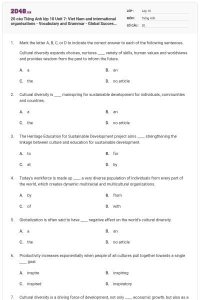 20 câu Tiếng Anh lớp 10 Unit 7: Viet Nam and international organisations - Vocabulary and Grammar - Global Success có đáp án
