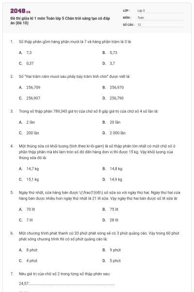Đề thi giữa kì 1 môn Toán lớp 5 Chân trời sáng tạo có đáp án (Đề 10)