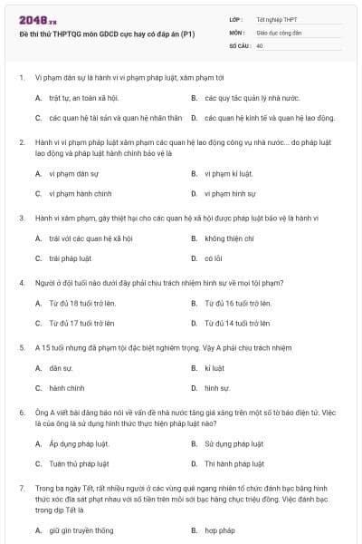 Đề thi thử THPTQG môn GDCD cực hay có đáp án (P1)