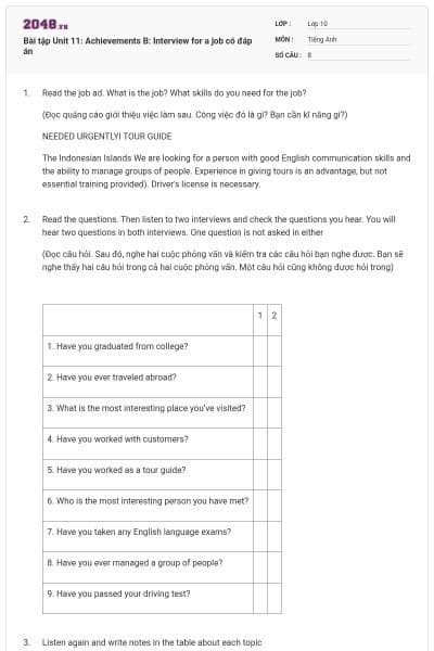 Bài tập Unit 11: Achievements B: Interview for a job có đáp án