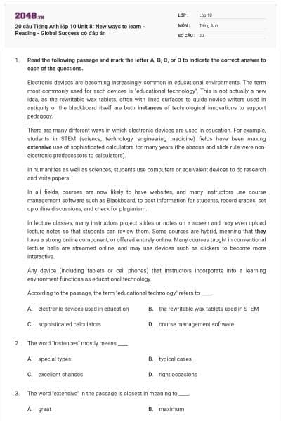 20 câu Tiếng Anh lớp 10 Unit 8: New ways to learn - Reading - Global Success có đáp án