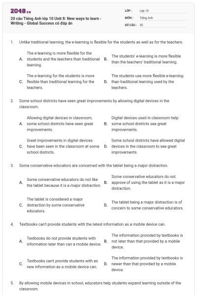 20 câu Tiếng Anh lớp 10 Unit 8: New ways to learn - Writing - Global Success có đáp án