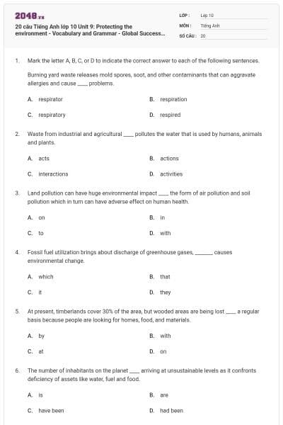 20 câu Tiếng Anh lớp 10 Unit 9: Protecting the environment - Vocabulary and Grammar - Global Success có đáp án