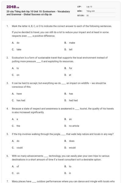 20 câu Tiếng Anh lớp 10 Unit 10: Ecotourism - Vocabulary and Grammar - Global Success có đáp án