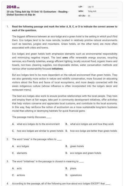 20 câu Tiếng Anh lớp 10 Unit 10: Ecotourism - Reading - Global Success có đáp án