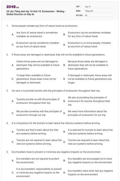 20 câu Tiếng Anh lớp 10 Unit 10: Ecotourism - Writing - Global Success có đáp án