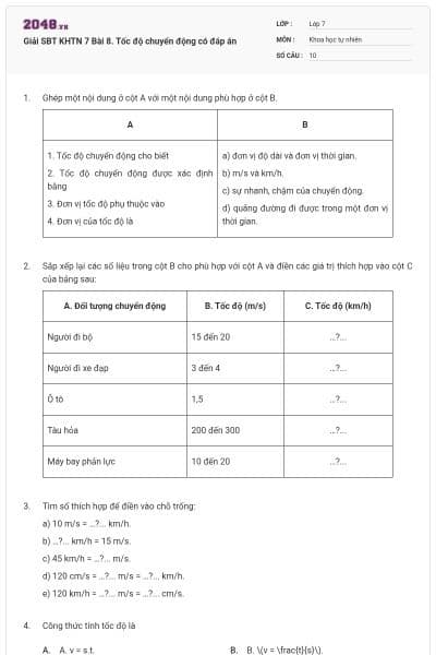 Giải SBT KHTN 7 Bài 8. Tốc độ chuyển động có đáp án