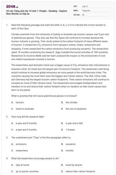 20 câu Tiếng Anh lớp 10 Unit 1: People - Reading - Explore New Worlds có đáp án