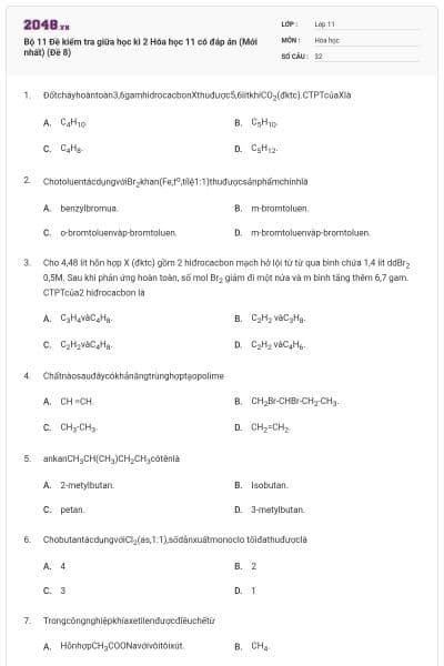 Bộ 11 Đề kiểm tra giữa học kì 2 Hóa học 11 có đáp án (Mới nhất) (Đề 8)
