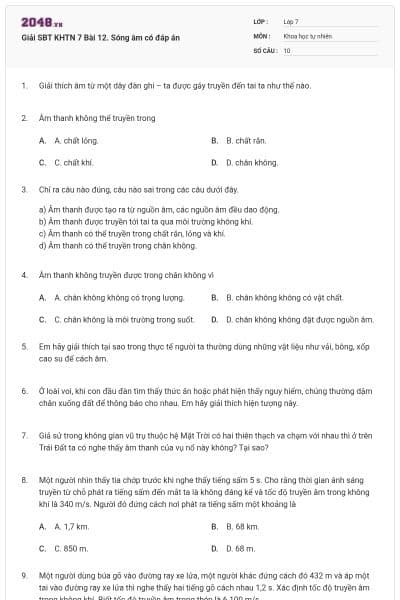 Giải SBT KHTN 7 Bài 12. Sóng âm có đáp án
