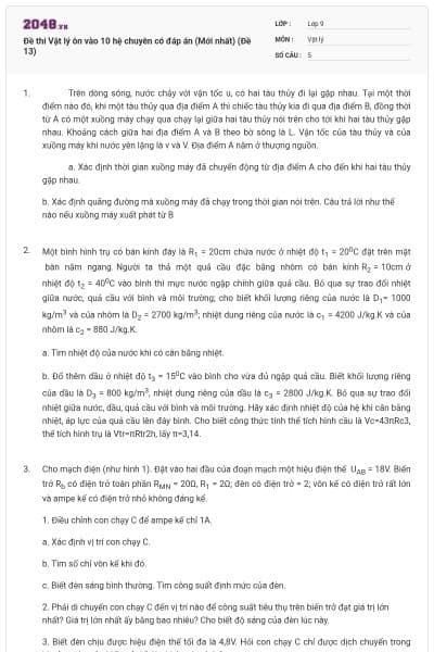 Đề thi Vật lý ôn vào 10 hệ chuyên có đáp án (Mới nhất) (Đề 13)