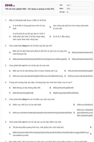 100 câu trắc nghiệm Mắt - Các dụng cụ quang cơ bản (P2)