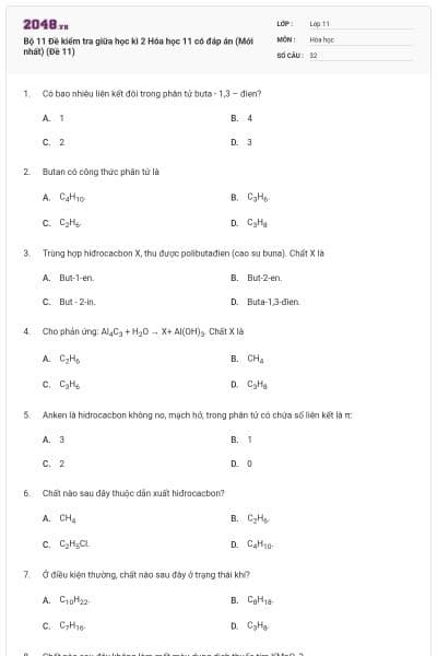 Bộ 11 Đề kiểm tra giữa học kì 2 Hóa học 11 có đáp án (Mới nhất) (Đề 11)