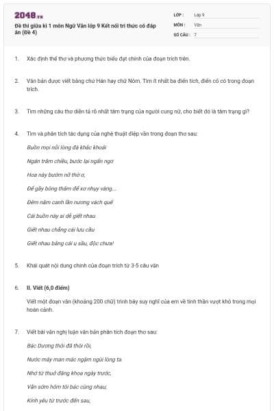 Đề thi giữa kì 1 môn Ngữ Văn lớp 9 Kết nối tri thức có đáp án (Đề 4)