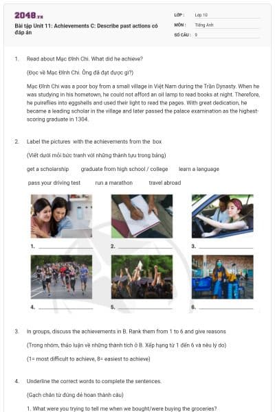 Bài tập Unit 11: Achievements C: Describe past actions có đáp án