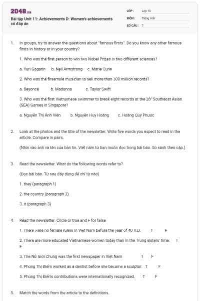 Bài tập Unit 11: Achievements D: Women’s achievements có đáp án