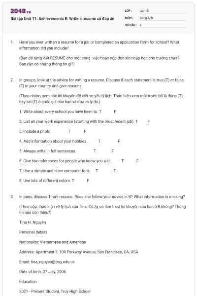 Bài tập Unit 11: Achievements E: Write a resume có đáp án