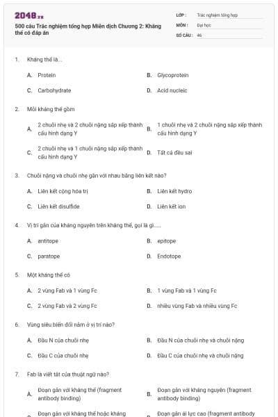 500 câu Trắc nghiệm tổng hợp Miễn dịch Chương 2: Kháng thể có đáp án
