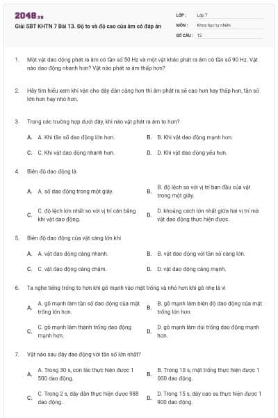 Giải SBT KHTN 7 Bài 13. Độ to và độ cao của âm có đáp án