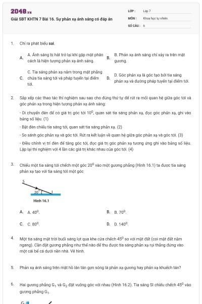 Giải SBT KHTN 7 Bài 16. Sự phản xạ ánh sáng có đáp án