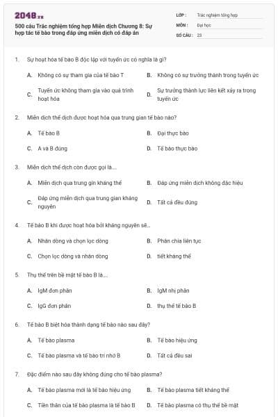 500 câu Trắc nghiệm tổng hợp Miễn dịch Chương 8: Sự hợp tác tế bào trong đáp ứng miễn dịch có đáp án