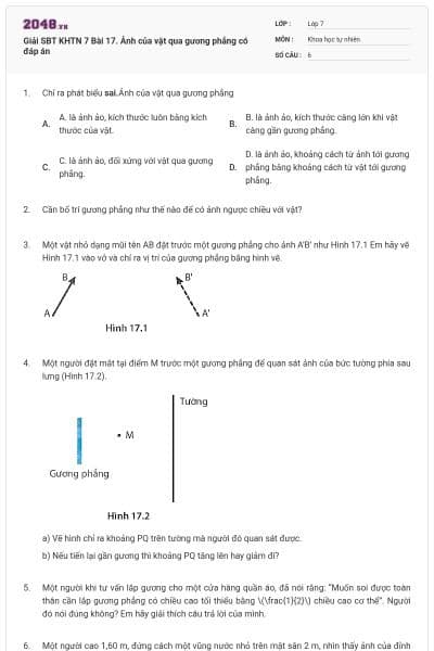 Giải SBT KHTN 7 Bài 17. Ảnh của vật qua gương phẳng có đáp án
