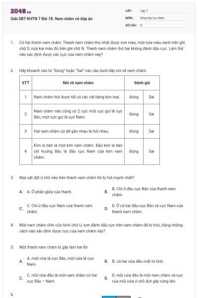 Giải SBT KHTN 7 Bài 18. Nam châm có đáp án