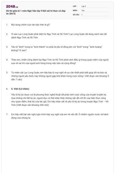 Đề thi giữa kì 1 môn Ngữ Văn lớp 9 Kết nối tri thức có đáp án (Đề 8)