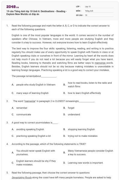19 câu Tiếng Anh lớp 10 Unit 6: Destinations - Reading - Explore New Worlds có đáp án