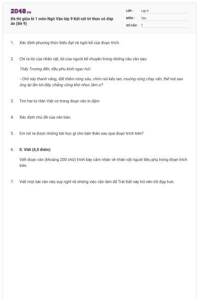 Đề thi giữa kì 1 môn Ngữ Văn lớp 9 Kết nối tri thức có đáp án (Đề 9)