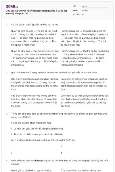 399 Bài tập Chuyển hóa Vật chất và Năng lượng ở Động vật mức độ nâng cao (P11)