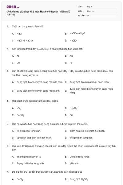 Đề kiểm tra giữa học kì 2 môn Hoá 9 có đáp án (Mới nhất) (Đề 10)