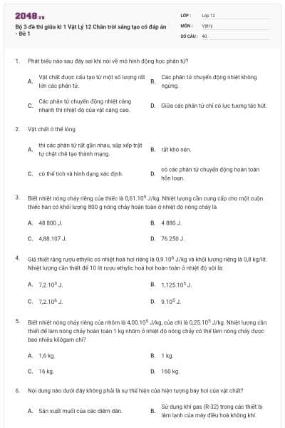 Bộ 3 đề thi giữa kì 1 Vật Lý 12 Chân trời sáng tạo có đáp án - Đề 1