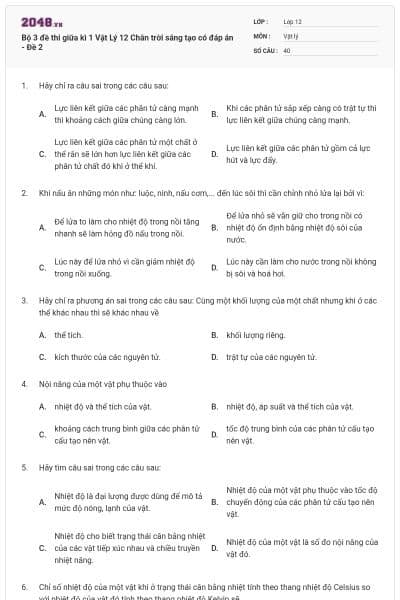 Bộ 3 đề thi giữa kì 1 Vật Lý 12 Chân trời sáng tạo có đáp án - Đề 2