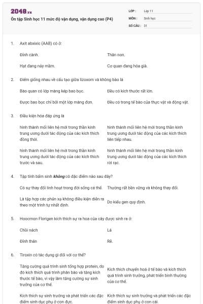Ôn tập Sinh học 11 mức độ vận dụng, vận dụng cao (P4)