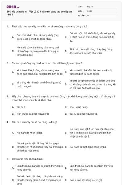 Bộ 3 đề thi giữa kì 1 Vật Lý 12 Chân trời sáng tạo có đáp án - Đề 3