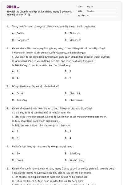 399 Bài tập Chuyển hóa Vật chất và Năng lượng ở Động vật mức độ cơ bản (P10)