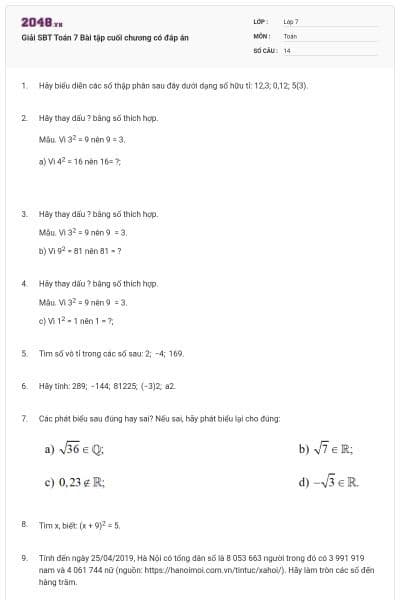 Giải SBT Toán 7 Bài tập cuối chương có đáp án