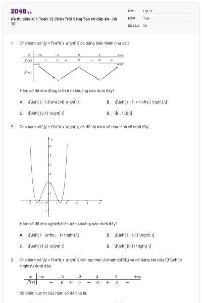 Đề thi giữa kì 1 Toán 12 Chân Trời Sáng Tạo có đáp án - Đề 10