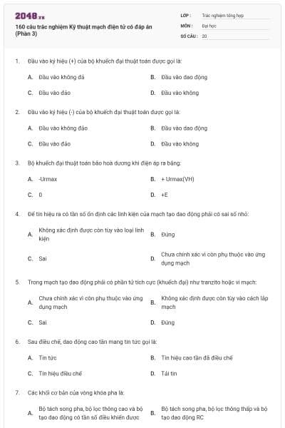 160 câu trắc nghiệm Kỹ thuật mạch điện tử có đáp án (Phần 3)