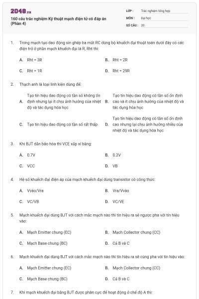 160 câu trắc nghiệm Kỹ thuật mạch điện tử có đáp án (Phần 4)