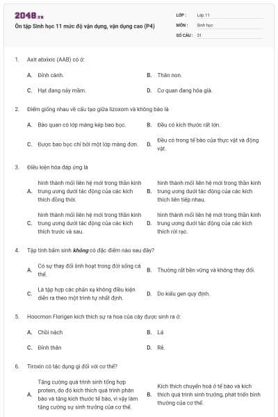 Ôn tập Sinh học 11 mức độ vận dụng, vận dụng cao (P4)